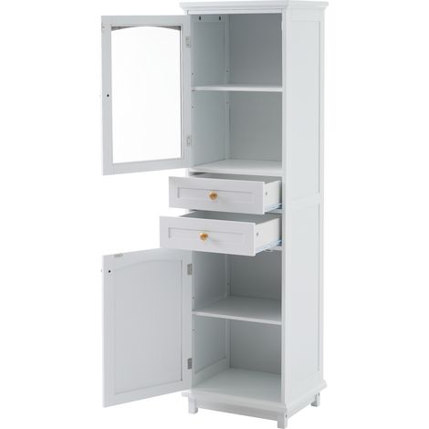 Armoire de salle de bain blanche 45x36x160 cm avec portes en verre, 2 placards et 2 tiroirs, poignées dorées (1/5)