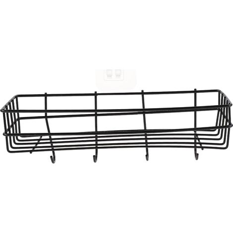 Étagère murale noire pour salle de bain, support rangement sans clous avec crochets ranger les (1/5)