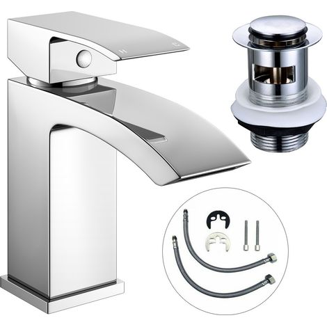 ARC Waterfall Basin Mixer Tap Chrome Basin Sink Mono Bathroom + Fixings + Waste