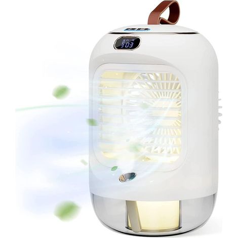 Condizionatore d'aria portatile 4 in 1 con funzione umidificatore, ricaricabile, oscillazione a 180°, 3 velocità e luce notturna per camera da letto, ufficio e campeggio. (1/4)