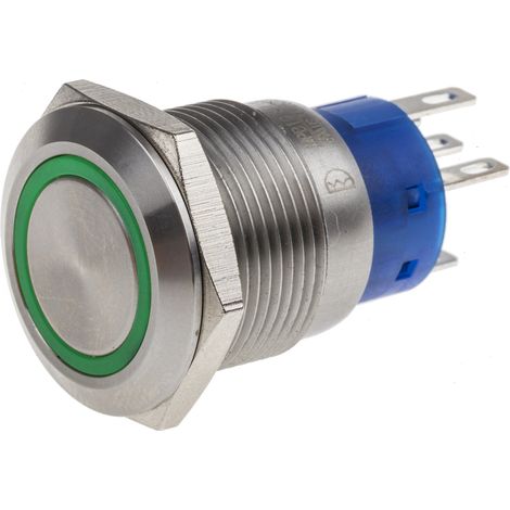 Bouton-poussoir, Verrouillable lumineux, LED Vert, Unipolaire à deux directions (1RT), 5 A, Argent, Montage panneau 24V ( Prix pour 1 ) (1/2)