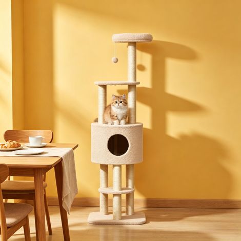 Arbre à chat en bois, centre d'activités multi-niveaux pour chat, arbre d'escalade avec plateformes, griffoir intégré, jouet suspendu, pour chatons et chats adultes, naturel et robuste. (1/5)