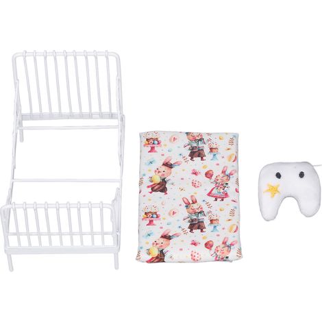 Lot de 2 lits miniatures blancs à motif lapin pour maison de poupée échelle 1:12, avec cadre métallique réaliste, oreiller décoratif (1/5)