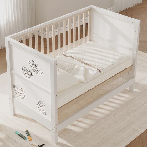 Lit bébé à tableaux, 3 hauteurs, pin massif, blanc HAVRYA (1/5)