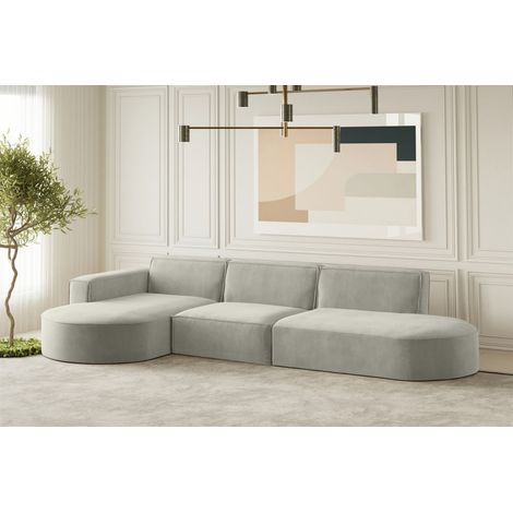 Ecksofa Designersofa PALMA in Stoff Noel Hellgrau Ottomane Links (1/2)