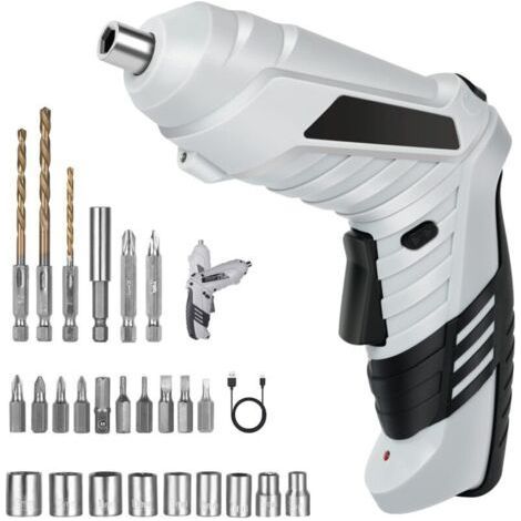 Cordless Drill Driver, Eccentric Screwdriver, Screwdriver 1300mAh 3.6V + 26 Accessories, 2 Directions of Rotation + LED Lamp, USB Charging Cable, Ideal for Craftsmen (1/4)