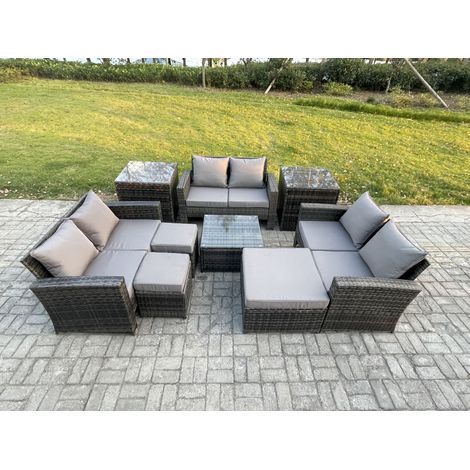 Fimous Mobilier de jardin extérieur ave Table basse carrée Canapé deux places 3 Tabouret 2 Table d'appoint Gris foncé (1/5)