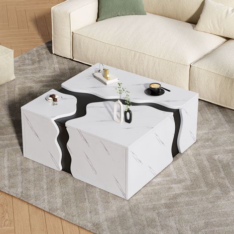 Tavolino Quadrato con 1 Cassetto, Effetto Marmo, Soggiorno, 70 × 70 × 31 cm (1/5)