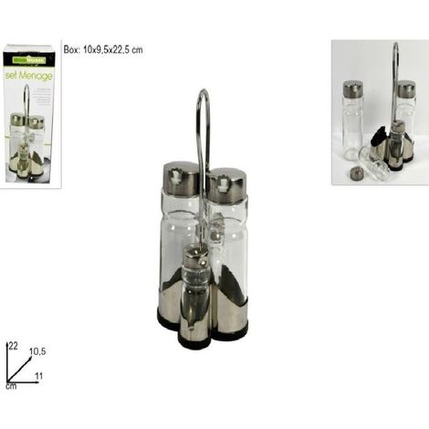 Trade Shop - Set De 4 Botellas Menage Para Vinagre De Aceite Salt Pepper Cap De Vidrio Dispensador De Acero -