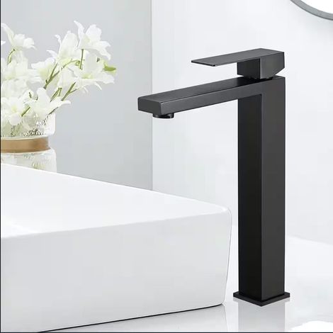 Mitigeur Lavabo Noir Haut 24 cm, Robinet Salle de Bain en Acier Inoxydable 304, Mélangeur Évier Moderne avec Bec Haut (1/5)