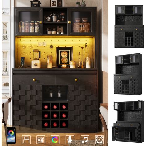 Mobile alto multifunzionale da cucina con frontale in acrilico e maniglie a scomparsa, ripiani regolabili, pannello forato e portabottiglie, striscia LED, porte di ricarica USB, per cucina e sala da p (1/5)