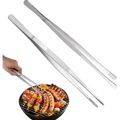 Ensemble de 2 pinces de cuisine longues en acier inoxydable 304, 30 cm de long, avec têtes droite et ronde, pour griller, pinces de buffet, pinces de cuisine, pinces à griller, B (1/5)