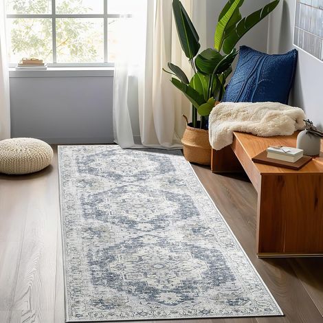 Tapis Entrée Chambre Design Gris 90x150cm, Tapis Interieur Chambre Couloir Cuisine Paillasson Antidérapant Floral Oriental à Poils Ras Lavable en Machine (1/5)