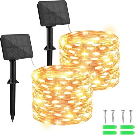 String Lights Guirlande Lumineuse Solaire Exterieure, 2×10M 100LED Solaire Guirlande 8 Modes IP65 Étanche Lumineuse Decoration pour Jardin, Patio, Chambre, Balcon, Mariage, Noël (Blanc Chaud) (1/5)