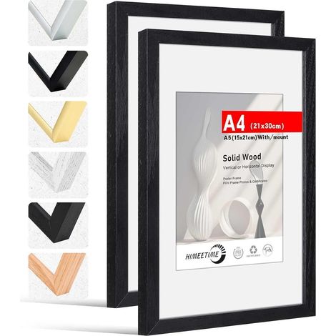 2x Bilderrahmen DIN A4 Schwarz Massivholz mit Passepartout für A5 (1/5)