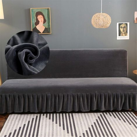 Housse de futon sans accoudoirs en velours noir avec jupe à volants, très extensible, résistante aux taches et lavable en machine, taille S (Gris, M) (1/5)