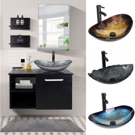Puluomis – Ensemble de meubles de salle de bain noir – Armoire 71x47x40cm avec miroir 44x65cm – 2 étagères latérales en bois – Design moderne