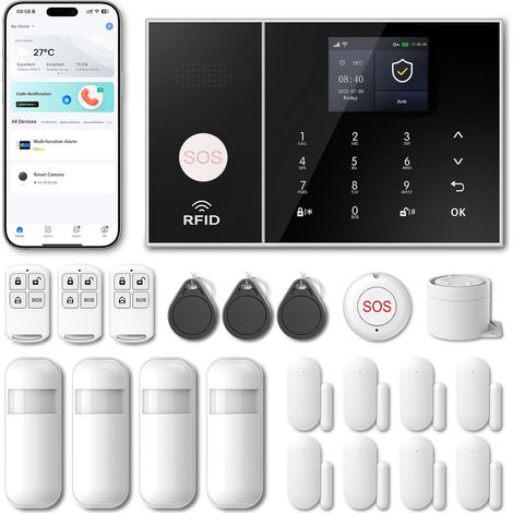 Système alarme maison sans fil WiFi 4G GSM Sécurité intérieur 110DB Sirène avec application smartphone pour garage bureau camping-car (1/5)