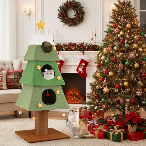 COSTWAY Albero per Gatti da Interno, Tiragraffi per Gatti Alto 162 cm con 3 Condo, Palo Tiragraffi in Sisal e Palline Pendenti, Mobile per Arrampicata per Decorazione Festiva (1/5)