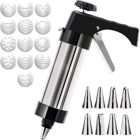 Prensa para galletas de acero inoxidable, jeringa para masa, prensa para galletas profesional, prensa para galletas con 13 plantillas y 8 bolsas, prensa para galletas para pasteles y bizcochos. (1/5)