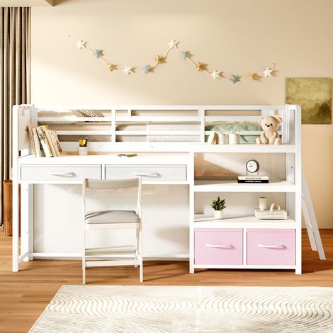 Lit mezzanine 140x200 cm avec bureau intégré, étagères, tiroirs en tissu, rideau, rangement et éclairage LED, structure métal - Blanc (1/5)