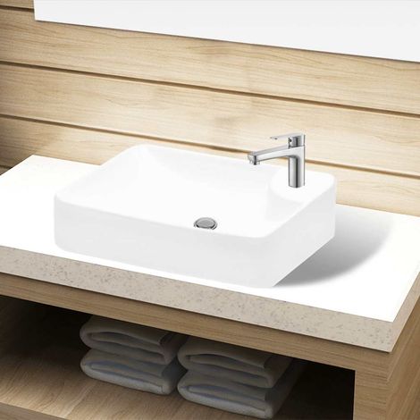 Lavabo céramique à poser pour salle de bain – Blanc, 44 x 25 x 10 cm, avec trou de robinet 3,5 cm et vidange 4,5 cm (1/5)