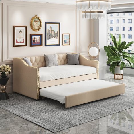 Canapé lit extensible 90/180x200 cm,lit 2 Places gigogne,Sommier à Lattes,Canapé-lit,Adulte/ado,Cadre de Lit convertible,Lin Beige