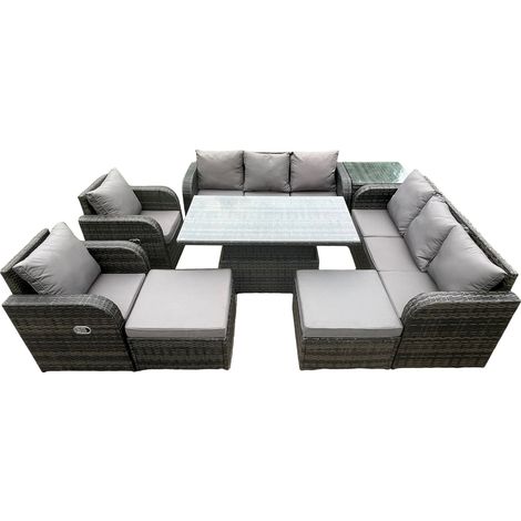 Fimous Meubles de jardin d'extérieur en rotin set élévateur hauteur réglable table à manger chaise longue canapé set avec table d'appoint 2 grands repose-pieds gris foncé mix (1/5)