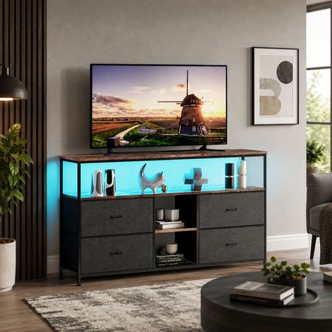 Meuble TV multifonctionnel 137×30×78cm, 4 tiroirs en tissu,étagères ouvertes,banc TV pour salon avec lumières LED,grande capacité,armoire TV de style moderne, pieds réglables, cadre en métal, Noir (1/5)
