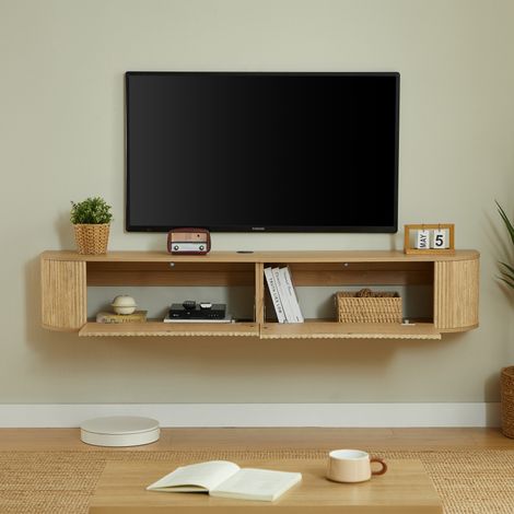 Meuble TV mural suspendu 180 cm avec grand rangement et passe-câbles, compatible TV 50-80 pouces, design moderne (1/5)