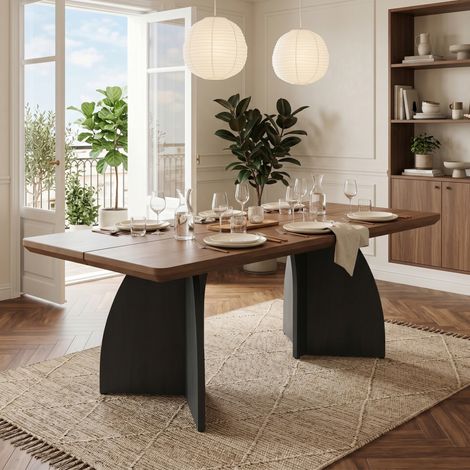 CHICFURN Table à manger 160 x 80 cm pour 4 à 6 personnes, plateau 4 cm, finition bois foncé, pieds noirs, style moderne pour salle à manger et salon (1/5)