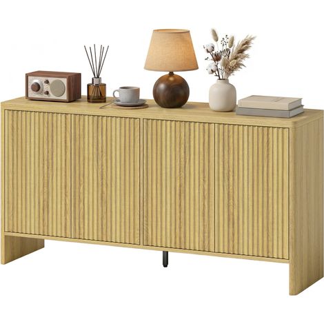 Wohnzimmer-Sideboard mit 4 geriffelten Türen, verstellbarem Einlegeboden, Druckverschluss, 147 x 40 x 77 cm, Eiche