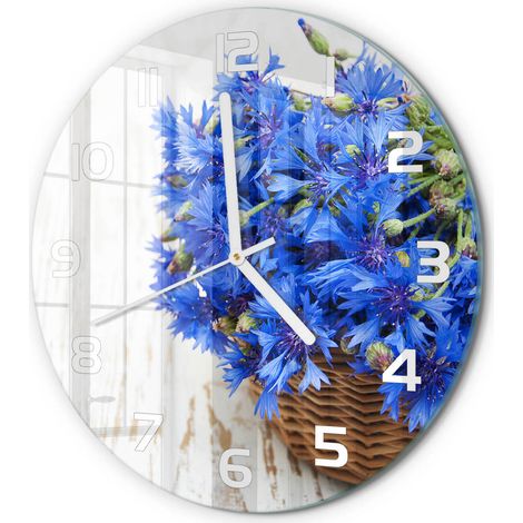 Horloge Murale Ronde Verre Décoratif Silencieuse Moderne Salon Cuisine Bleuets dans un panier fi 30 cm (1/5)