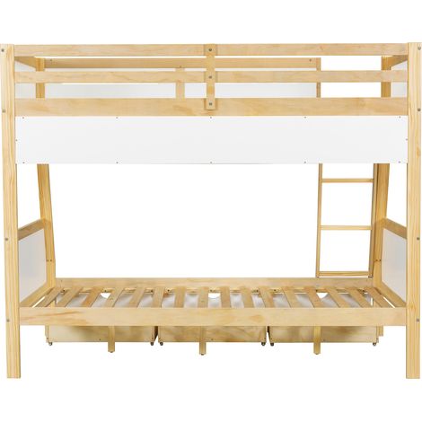 Lit superposé enfant 90x200 et 120x200 avec 3 tiroirs et bibliothèque 2 m blanc naturel (1/5)