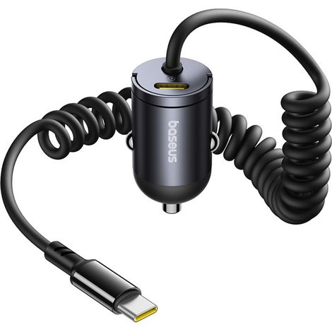 USB-C-Autoladegerät mit integriertem 30-W-Spiralkabel – Schwarz