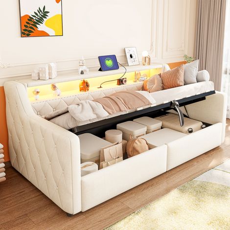 Banco-lit, 90 × 200 cm, avec bande lumineuse LED, rangement hydraulique, matelas non inclus, ports USB et Type-C, tissu en lin, beige (1/5)