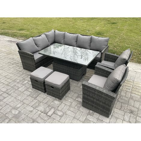 Fimous Outdoor Garden Furniture Set Wicker PE Rattan Height Adjustable Rising Lifting Table Sofa Dining Set with 2 Small Footstool 2 Armchairs Dark Grey Mixed