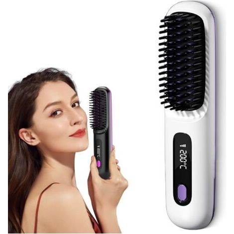 Peigne lissant portable, sans fil, portable avec pince à cheveux duveteuse à double usage (blanc)