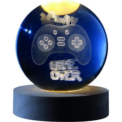 Boule de verre 3D avec LED RGB I-Total XL2722A MEDIUM effet au plafond, veilleuse, lampe de nuit avec base en bois, Let's PLAY