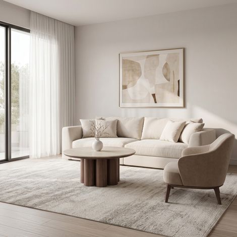 Table basse de salon ORIGO – Plateau en céramique travertin et pieds finition noyer - Homeluxury (1/4)