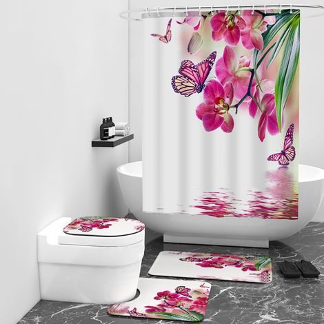 Rideau Douche Retro Fleurs et Papillons Rideau de Douche Blanc Rose Rideau Baignoire 120x180CM (1/5)