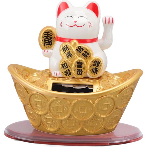 Chat solaire porte-bonheur blanc avec caractère chinois MLY23029, statue fortune chat agitant main pour décoration maison tableau de bord voiture. (1/5)