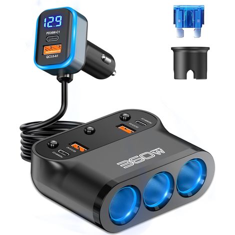 360W Prise Allume-Cigare Voiture 9 en 1, 3 x USB C PD 36W + Prises Multiples, 12V/24V Adaptateur Allume-cigares avec Interrupteur Voltmètre à LED Charge Rapide Phone/GPS/Dash Cam (1/5)