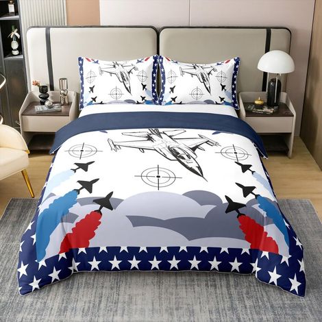 Parure de lit 100 % coton - Motif avion - Fighter - 135 x 200 cm - Pour enfants, garçons et filles - Housse de couette pour chambre à coucher - Transport d'étoiles (1/5)