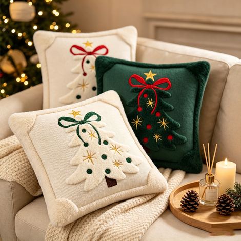 Lot de 2 housses de coussin décoratives (motif sapin de Noël et nœud) pour canapé, 45 x 45 cm (garnitures non incluses) (1/4)