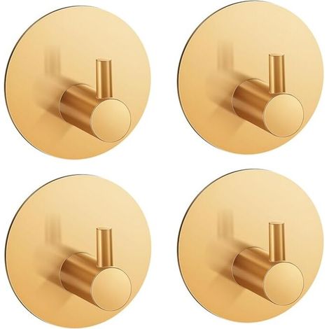 Adhesive Wall Hooks, 4 Pieces Stainless Steel Bathroom Wall Hooks, Adhesive Towel Holder Wall Hooks (Gold)