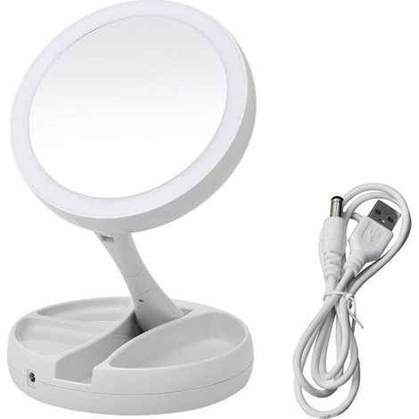 Miroir de maquillage pliable à double face avec éclairage LED et grossissement x10 (1/5)