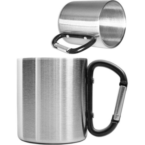 Tasse de camping en acier inoxydable - Avec mousqueton - Poignée bouton - 300 ml - Argent - Tasse à café portable (1/5)