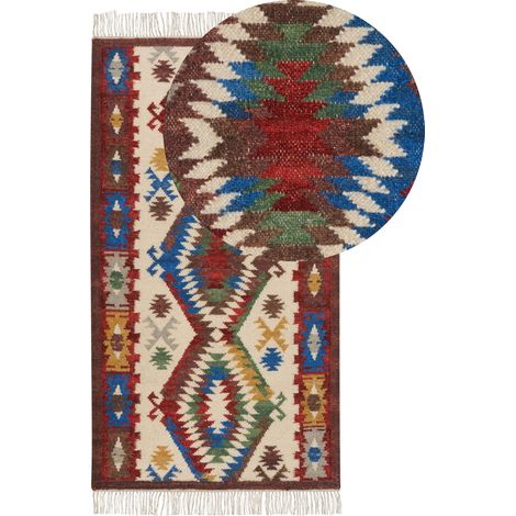 Traditional Wool Kilim Rug Hand Woven 80 x 150 cm Oriental Pattern with Tassels Multicolour Arevik