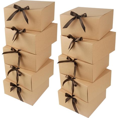Boîte Cadeau - 10PCS - Carton - Avec Couvercle Et Ruban - Mariage Anniversaire Noël - 20x20x10cm Marron (1/5)